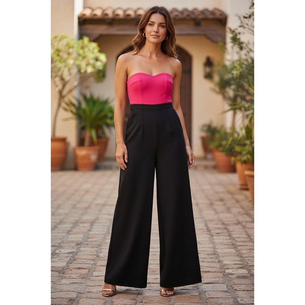 White House Black Market Jumpsuit Women Pink Black Strapless Wide Leg Size 0
